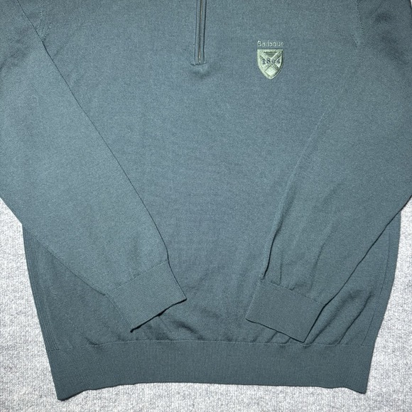 Barbour Quarter Zip Green Wool Sweater Size XL 1804 Crest Long Sleeve Crew Neck - Picture 2 of 12